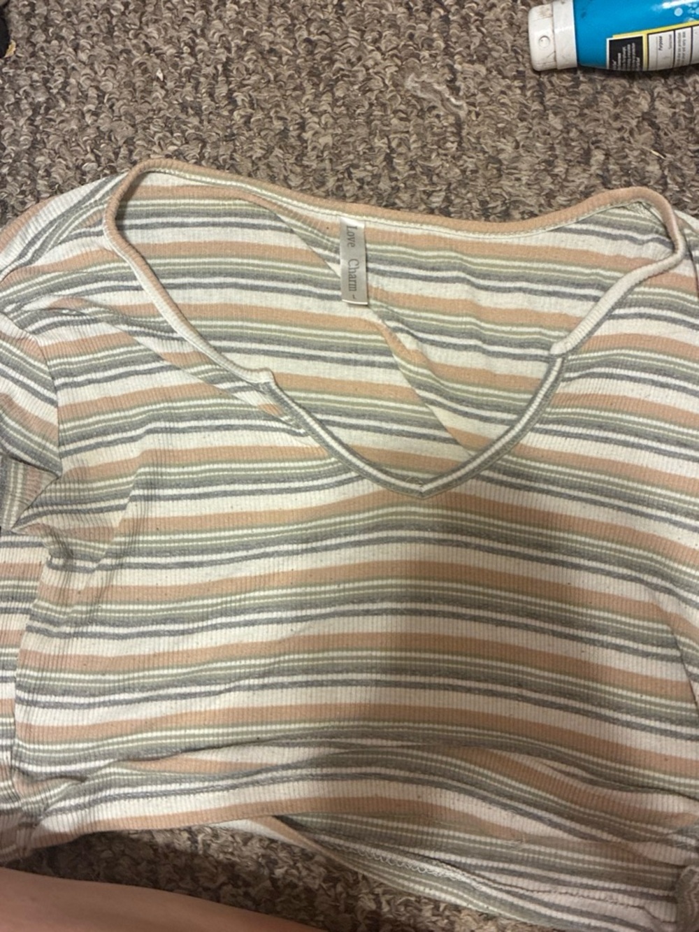 Love Culture Women's Striped V-Neck Crop Top in Peach, Gray & Cream